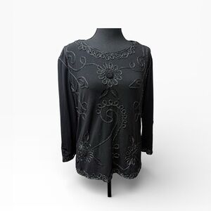 Investments II Black Beaded Floral Sheer Overlay Blouse Top 3X Evening Chic